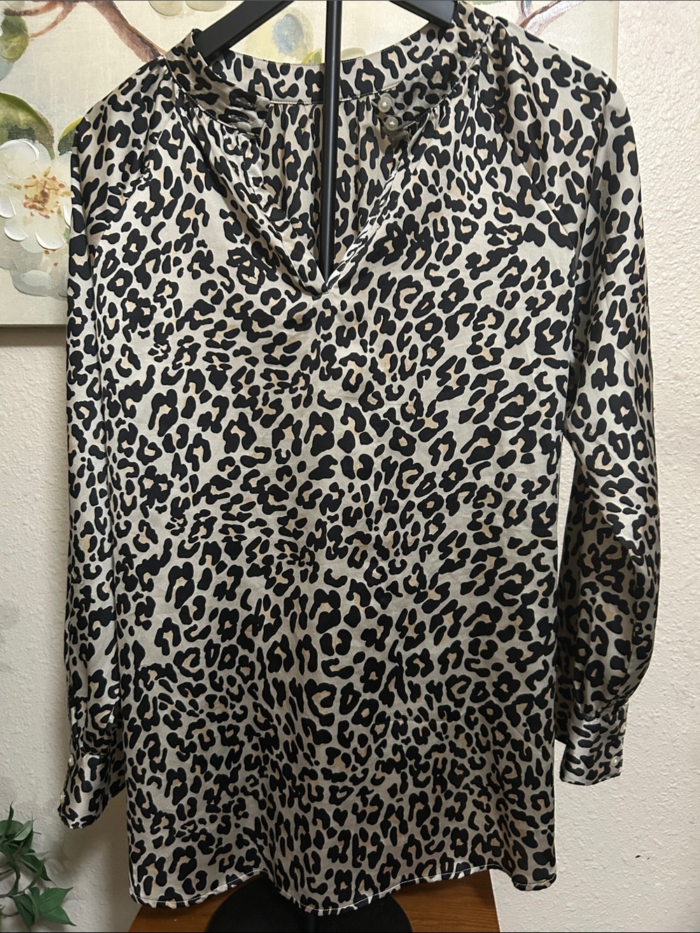 LOFT Black and Cream Leopard Print Long Sleeve Blouse
